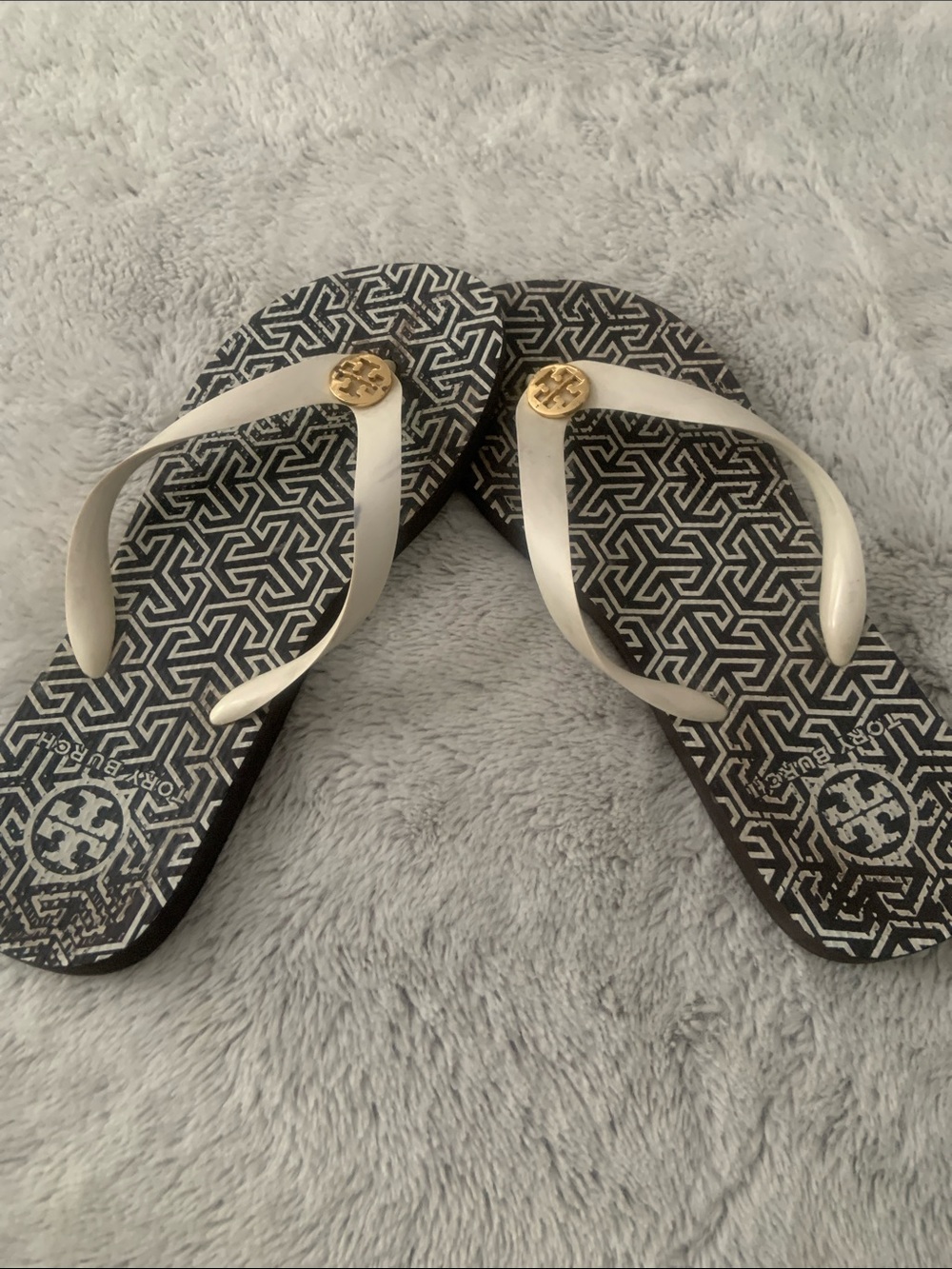 Tory Burch White Strap Flip Flop Sandals with Gold Logo